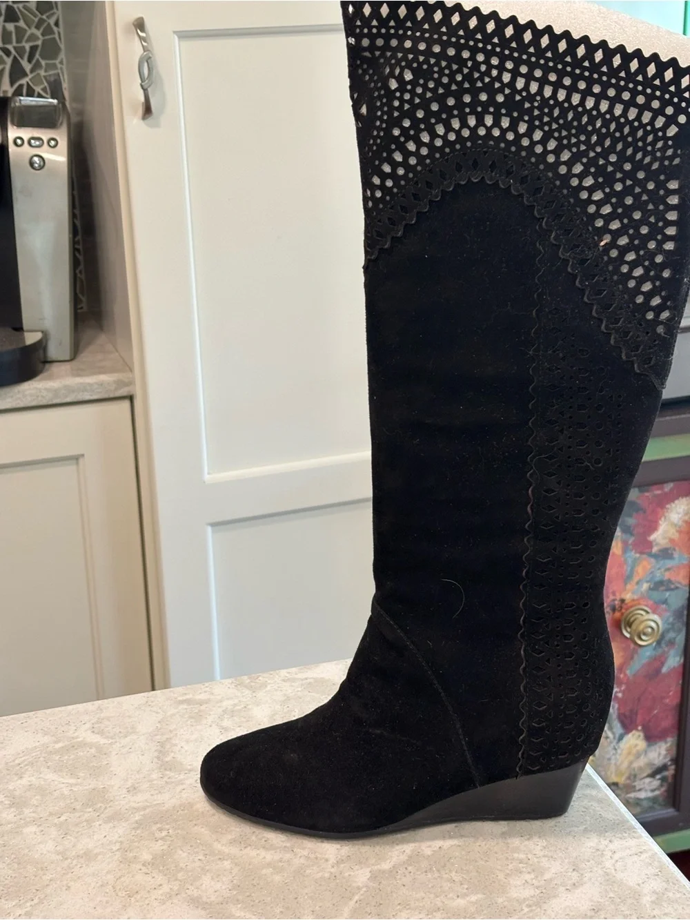 Sofft New “Brighton” Black Suede Over-the-Knee Wedge Boots Laser-Cut Detail 8.5